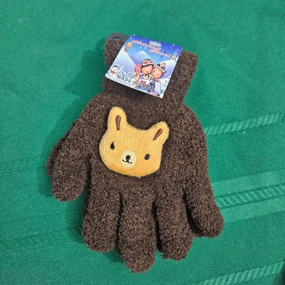 2/$15 2 Pairs Brown Kids Mittens with Animal Design